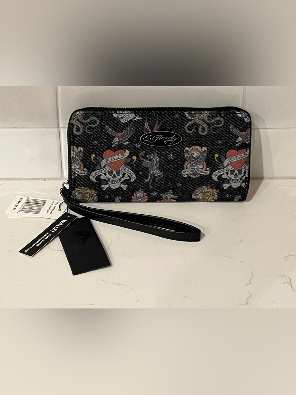 ED HARDY Black Denim Zip-Around Wallet Wristlet Clutch Y2K Skull Dagger Snake